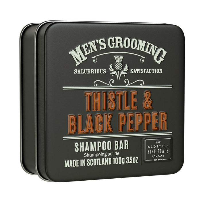 Scottish Fine Soaps Thistle & Black Pepper Shampoo Bar dans une boîte de 100g